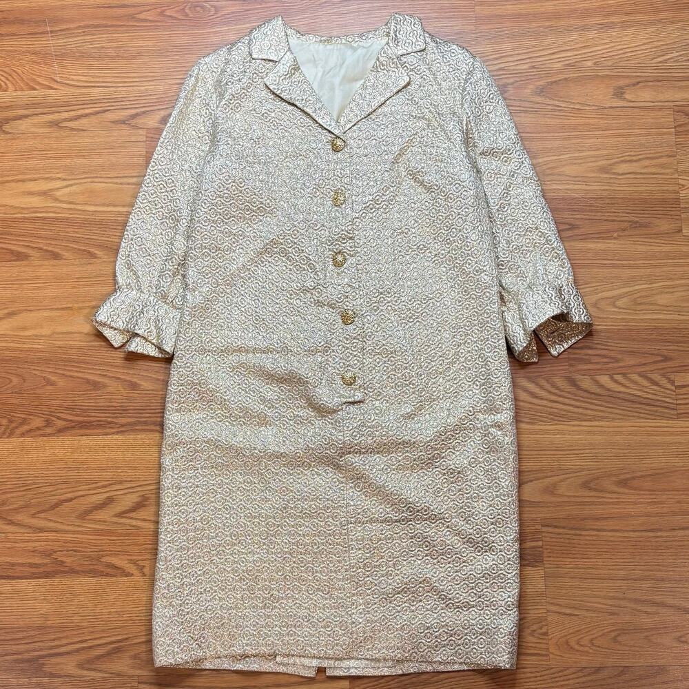 Vintage 1960s Gold Metallic Brocade Dress Womens M Jackie O Mod Cocktail Sparkle